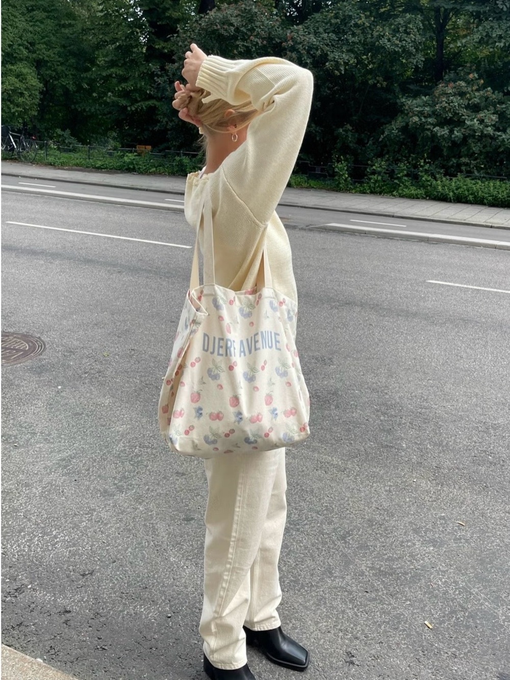 Djerf Avenue Cream Canvas Tote with Pink Floral Print - Picture 2 of 9